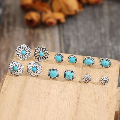 Turquoise Alloy Stud Earrings - 6 pair