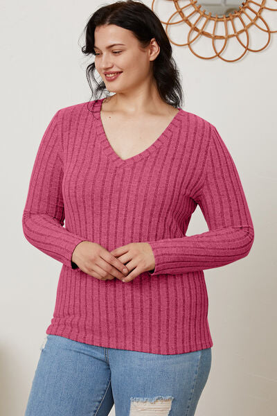 Basic Bae Full Size Ribbed V-Neck Long Sleeve Shirt